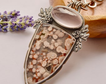 Plume Agate Necklace, Rose Quartz Necklace, Statement Jewelry, Handcrafted Silver and Stone Metalwork, Eye Catching Stone, Large Pendant