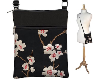 Plum Blossom Small Cross Body Purse Black Crossbody Bag Sling Shoulder Bag Fits eReaders Asian Cherry Blossom red white MTO