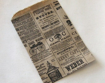 50 Mini 4x6 Newsprint Bags, Kraft Newspaper Print, Small Flat Paper Bags - 4 3/4 x 6 3/4 inch actual size