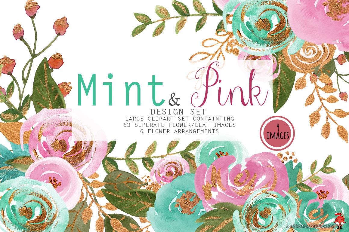 Download Mint & gold clip art hand painted watercolor clip art floral