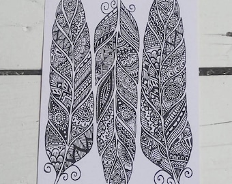Feathers Postcard - Henna Mehndi Art - Feather Zentangle - Mandala