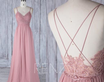 Bridesmaid Dress Dusty Rose V Neck Wedding Dress,Spaghetti Straps Long Prom Dress,Illusion Lace Low Back Evening Dress Full Length(H497)