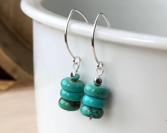 Turquoise Silver Earrings, Sundance Style Minimalist Stack Earrings, Southwestern Jewelry, Blue Green Boho Earrings, Wife Fiance Friend Gift