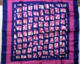 Vintage 1960s Mod Abstract Geometric Blue and Pink Silk Scarf, So Striking!
