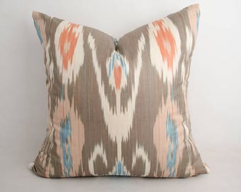 18x18 cotton ikat pillow cover, brown pillow, brown ikat, brown cushion, orange, blue