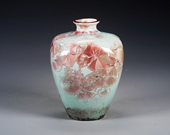 Porcelain Vase - Light Green, Red - Crystaline Glaze - Hand Made Ceramics - FREE SHIPPING - #B-5492