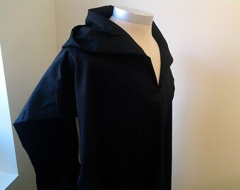 Black Cotton Hood Little Tent Caftan with Fringes (Titzits) and Blue Ribbon, Tallit Kaftan
