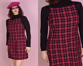 90s Pink and Black Plaid Dress/ XL/ 1990s/ Tank/ Sleeveless