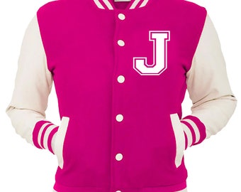Personalized Pink Varsity Jacket, Base Ball Jacket, Letterman Jacket Pink & White - Custom Letter J
