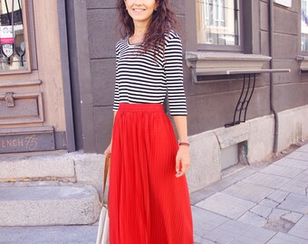 Red Chiffon Maxi Skirt, Long Pleated Skirt, Floor Length Boho Skirt, High Waisted Bridesmaid Skirt, Vintage Skirt