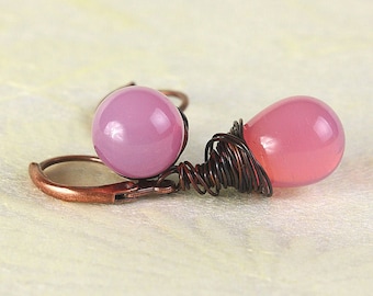 Milky pink Czech briolette, antique copper leverback earrings (378)