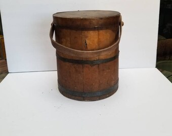 Vintage Wood Firkin Bucket Pail Farmhouse Primitive Barn Rustic Metal Band Wood Handle Cover Lid