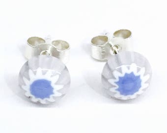Murano Glass Millefiori Stud Earrings - Lilac/Lavender Flower on Sterling Silver Stud Post