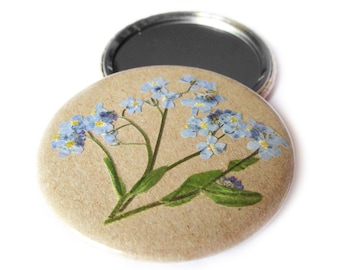 Taschenspiegel Vergissmeinnicht, echte getrocknete Blüten. 59mm