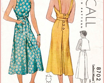 30s 1930s repro vintage women's sewing pattern // pinafore jumpsuit // beach summer sports // overalls wide culottes // bust 32 34 36 38 40