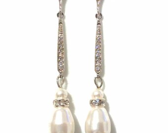 Pearl Drop Bridal Earrings, Art Deco Bridal Jewelry, Chandelier Wedding Earrings, Silver Dangle Earrings, Cz Wedding Jewelry, PERLA