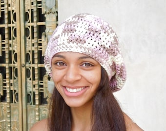Slouchy Hat, Crochet, Women, Teen, Pink, Tam, Neopolitan Ombre, White, Ready To Ship,,