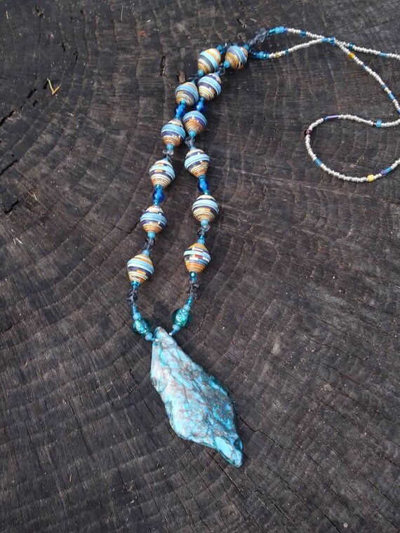 Turquoise stone and paper pendant necklace- statement piece