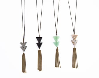 Triangle Tassel Necklace / Bohemian Fringe / Long Chain Fringe Tassel Triangle Necklace / Long Necklace Option / Triangle Stone Necklace