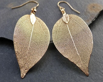Real leaf earrings, 18K gold leaf earrings, dipped leaves, natural woodland jewelry, gift for women