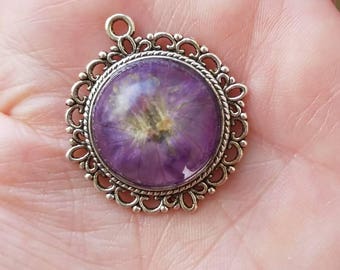 Real purple wildflower pendant