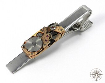 Steampunk Wedding Accessory - Mens Industrial Tie Clip - Swiss Mechanical Watch Movement Tie Clip - Copper Gold on Silver - SOLDERED