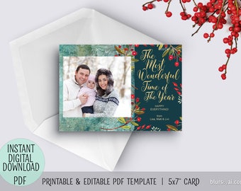 Editable pdf Christmas photo card template, diy personalized card, gold, wonderful time of the year, printable editable holiday card. C043