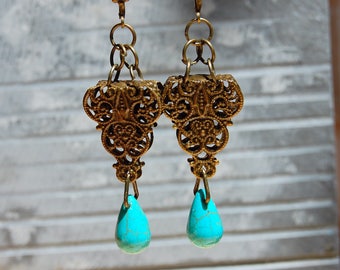 Teardrop Earrings, Turquoise Earrings, Bohemian Dangle Earrings, Boho Chic Jewelry, Ethnic earrings, Hippie, Tribal Earrings, Gift for her