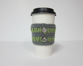 Cup Cozies with Buttons, Grey and Green Cozy, Crocheted Cozies, Button Cozy, Coffee Cozy, Coffee Cup Sleeve, To Go Cup Cozy, Cozy for Cup