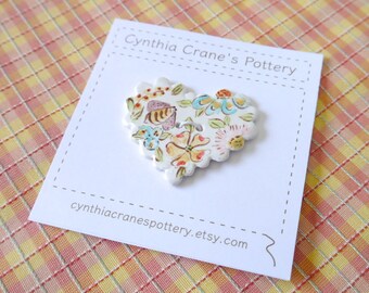 Ceramic Heart Button with Scalloped Edge Detail, English Chintz Style Painted Flowers and Bumble Bee