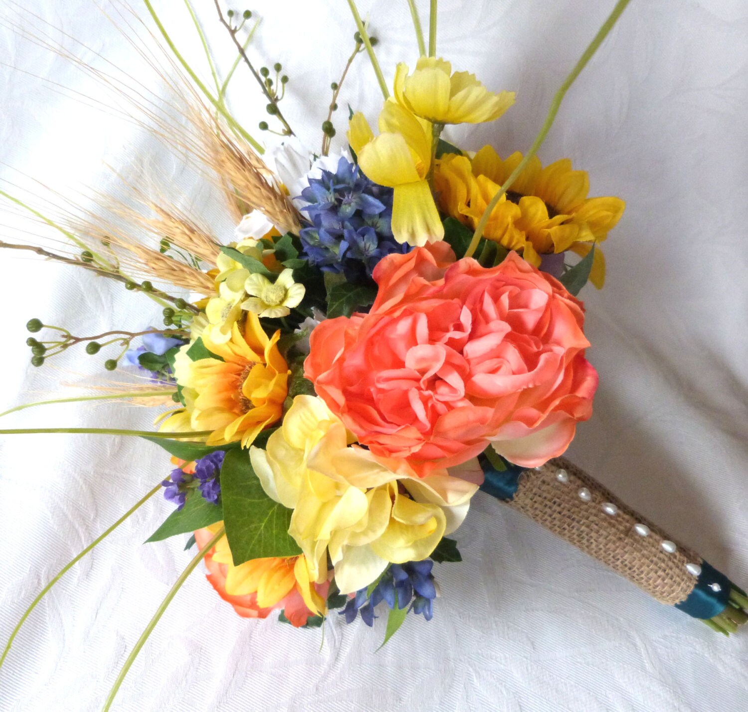 Silk flower sunflower coral rose wild flower bridal bouquet Silk flower sunflower coral rose wild flower bridal bouquet