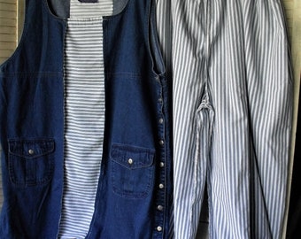 Restyled Denim Tunic-Jumper, Navy Stripe Bloomer Style Pants/ Recycled Funwear/ Sheerfab Funwear