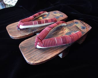 Vintage 1950's Japanese Wood Summer Zori Geta Wooden Clog Sandals size 5-6/21-22cm 50's 60's