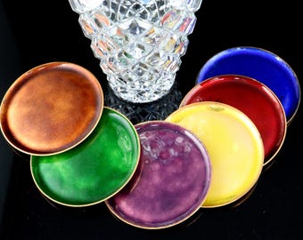 Vintage Enamel Coated Coasters, Drinks Coasters, Copper Coasters, Set of 6 / Made of Copper, Enamel Coated