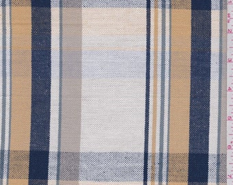 White/Gold/Navy Plaid Linen, Fabric By The Yard