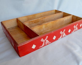Red Divided Wooden Silverware Utensil Tray with Windmills, Farmhouse Kitchen Office Organizer