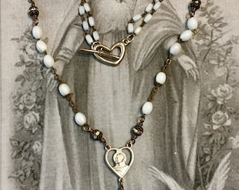 Madre Linda, vintage assemblage necklace, religious, rosary, French