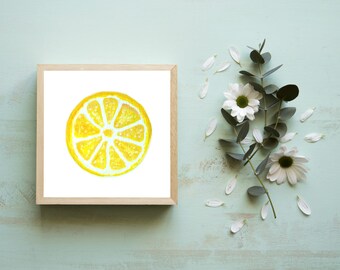 Miniature Lemon Art Print, Tiny Art Prints, Kitchen Art Prints, Small Art, Small Paintings, Lemon Slice Art, Dorm Decor, Small Acrylic 4x4