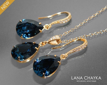 Navy Blue Gold Jewelry Set, Dark Blue Earrings&Necklace Bridal Set, Swarovski Montana Blue Jewelry Set, Bridesmaid Jewelry, Prom Jewelry Set