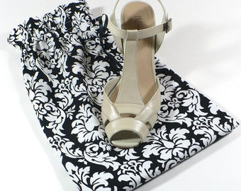 Damask, Shoe Bags, Black and white, Travel, Set of 2, Lingerie, Ready to Ship, Drawstring bag
