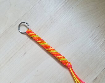Gimp Neon Orange, Yellow, and Pink Spiral Rexlace Plastic Lacing Boondoggle Key Chain, Zipper Pull
