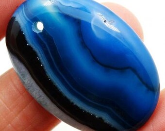Natural Striped Agate pendant oval shape lenticular dark blue color. 35х25 mm