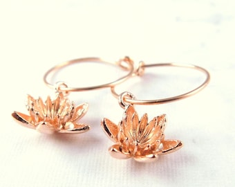 Lotus Earrings, Rose Gold Hoop Earrings, Lotus Blossom Hoop Earrings, Thin Rose Gold Hoops, Waterlily Earrings, Yoga Earrings, Gift for Her