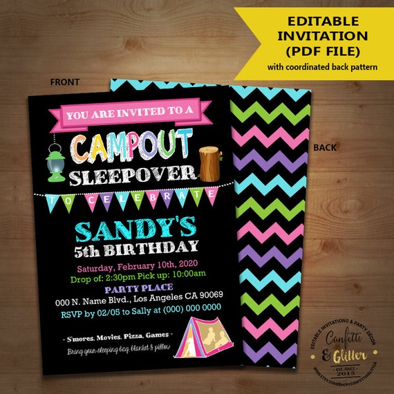 Campout invitation sleepover birthday party camping girl camp
