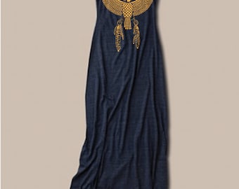 Womens BOHO Maxi Dress, Egyptian Dress with Eagle Print, Vintage Clothing, Desert Style