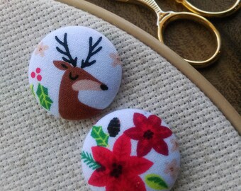 Needle Minder, Deer, Stag, Flower, Poinsetta, Scout and Remy 2 Piece Reversible, for Cross Stitch, Sewing, Embroidery,Needlepoint, Quilting
