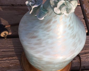 Vintage Antique Marbro Venetian Glass Lamp Blue Gold Lutz Roses Art