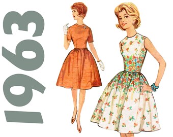 Fit and Flare Dress 1960s Party Dress SIMPLICITY 4918 bust 35" Rockabilly Dress Pattern Border Print Dress Gathered Skirt Full Skirt Dress