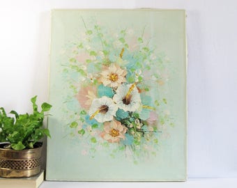 Spring Flower Bouquet - Vintage Oil Painting on Canvas - Pink Floral Wall Decor - Impasto Painting - Mid Century Art - Turquoise Home Decor