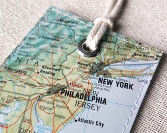 Washington DC, New York City & Philadelphia luggage tag made with original vintage map